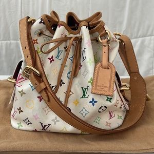 Louis Vuitton Petit Noe Monogram, White, Multicolor BaseL:9.75 Ht. 9.75 W: 6
